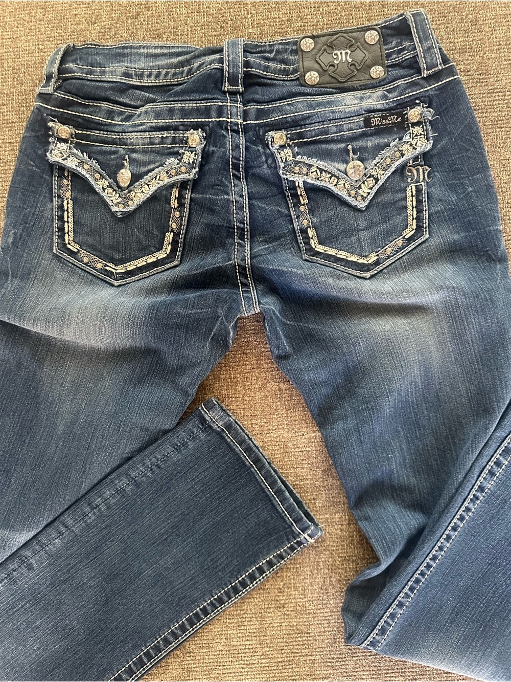 Miss Me Dark Blue Straight Leg Jeans with Embellished Back Pockets